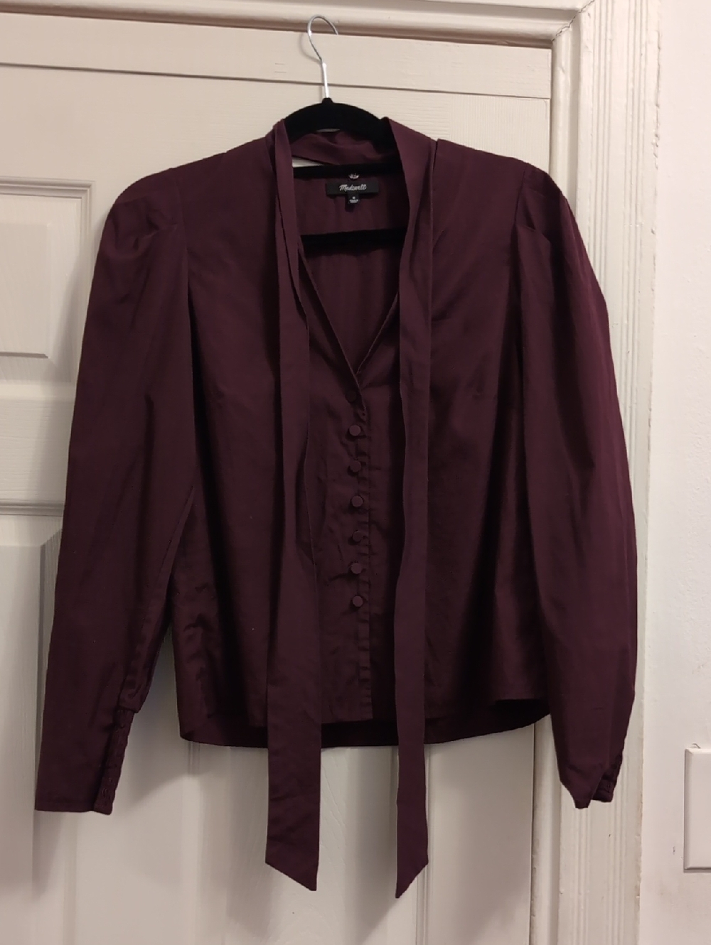 Madewell 80s- Inspired Plum, 100% Cotton Tie-Neck Button-Front Blouse